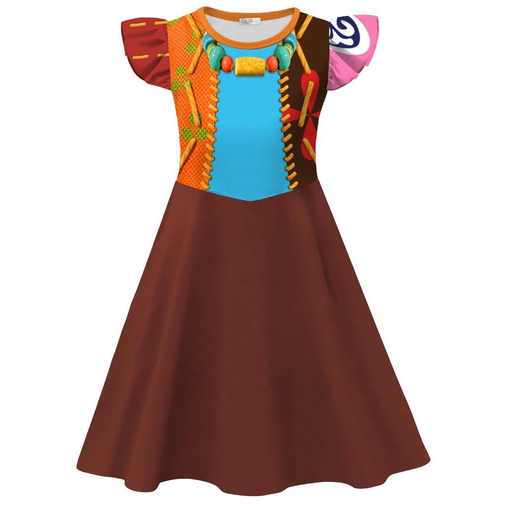 

Детское платье для девочек с мультяшным принтом, с оборками на рукавах, с круглым вырезом, повседневное, костюмы для косплея на Хэллоуин 110