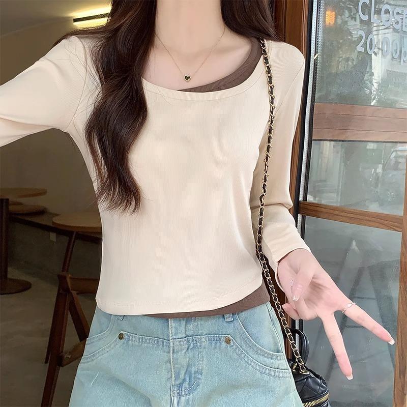 Letošní populární dámské slim tričko s dlouhým rukávem a čtvercovým výstřihem, falešný dvoudílný límeček odhalující klíční kosti, dámské jarní a podzimní topy