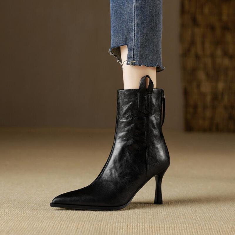 

Мода 2025 Новые Осенние Женские Ботинки Обувь из Натуральной Кожи для Женщин Остроносые Ботинки на Тонком Каблуке На Молнии Короткие Ботинки Ботинки на Супер Высоком Каблуке 34 чёрный