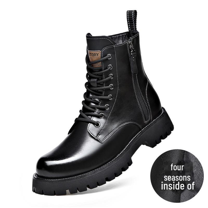 Men's Autumn & Winter Yellow Genuine Leather Boots with Thick Sole, Side Zipper, and Round Toe - Comfortable Mid-High Martin Style.