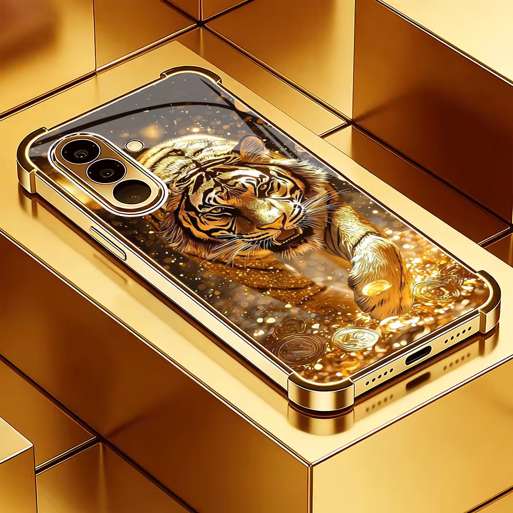 Golden tiger pattern glass phone case suitable for Samsung Galaxy S26 S25 S24 S23 S22 S20 FE/Ultra/Plus anti fall back cover