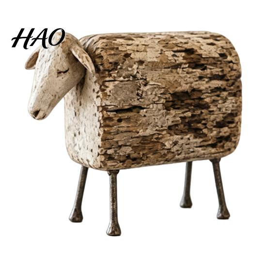 Distressed Wood Animal Sculpture Vintage Longhorn Bull/Sheep Sculpture, Rustic Farmhouse Figurine, Western Style Unique for Mantelpiece Decorative