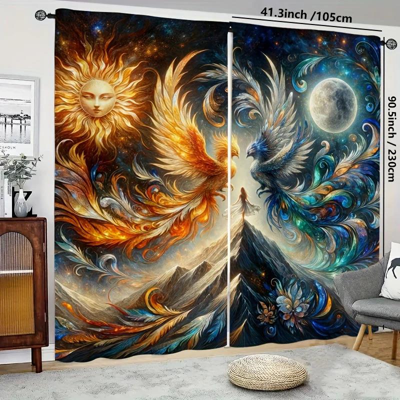 Sun, Moon and Phoenix pattern printed curtains, pole bag home decoration, room decoration