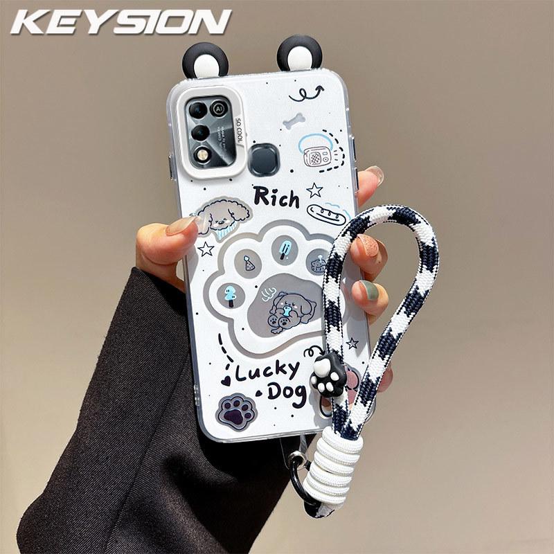 KEYSION Cute Ear Cartoon Case for Infinix Hot 11 Play with Lanyard Soft Silicone+PC Shockproof Phone Back Cover for Infinix Hot 10 9 Play