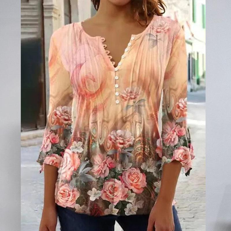 Spring Summer Women T-shirt Fashion Floral Print V-Neck 3/4 Sleeves Pleated Button Down Tee Tops