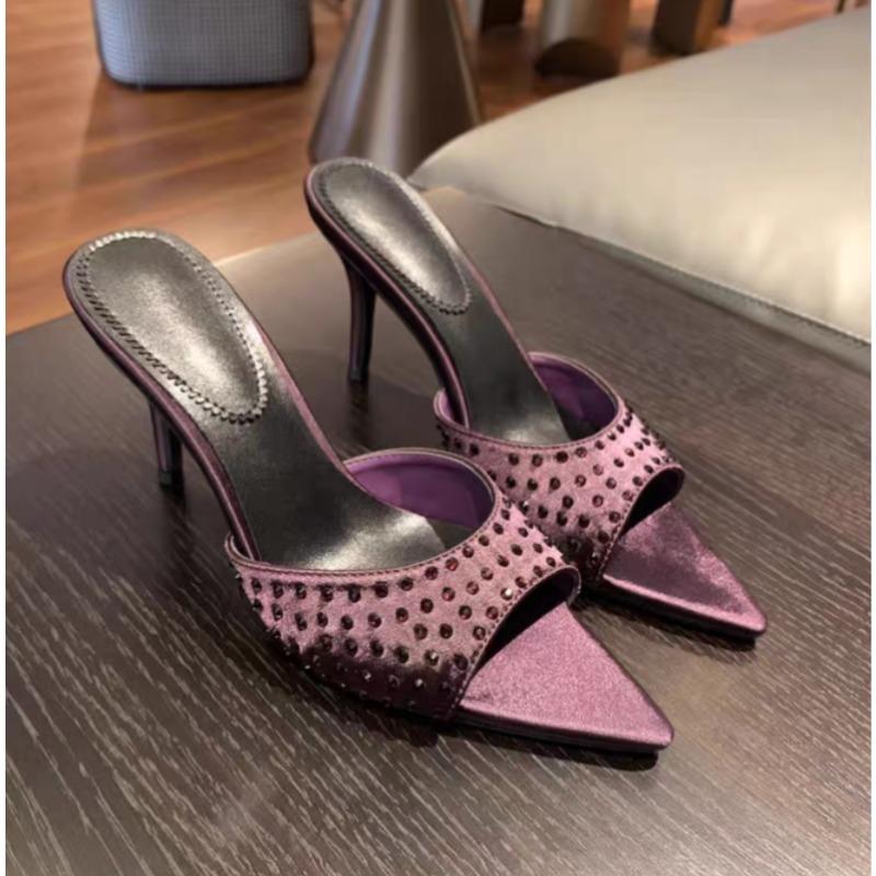 Fashion Fashionable Versatile High Heel Slippers Pointed Toe Rhinestone Decorated One-piece Strap Sandals Casual Elegant Ladies Shoes