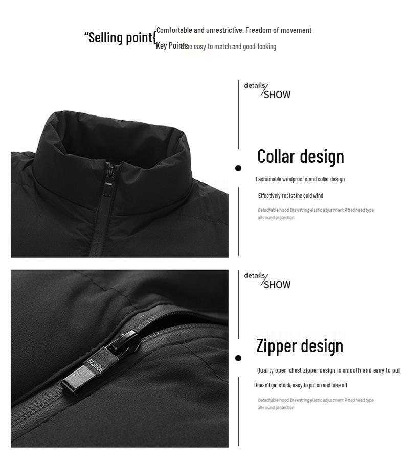 Men's Winter Stand Collar Thick Cotton Vest: Trendy, Windproof, Pure Color, Warm Shawl Jacket