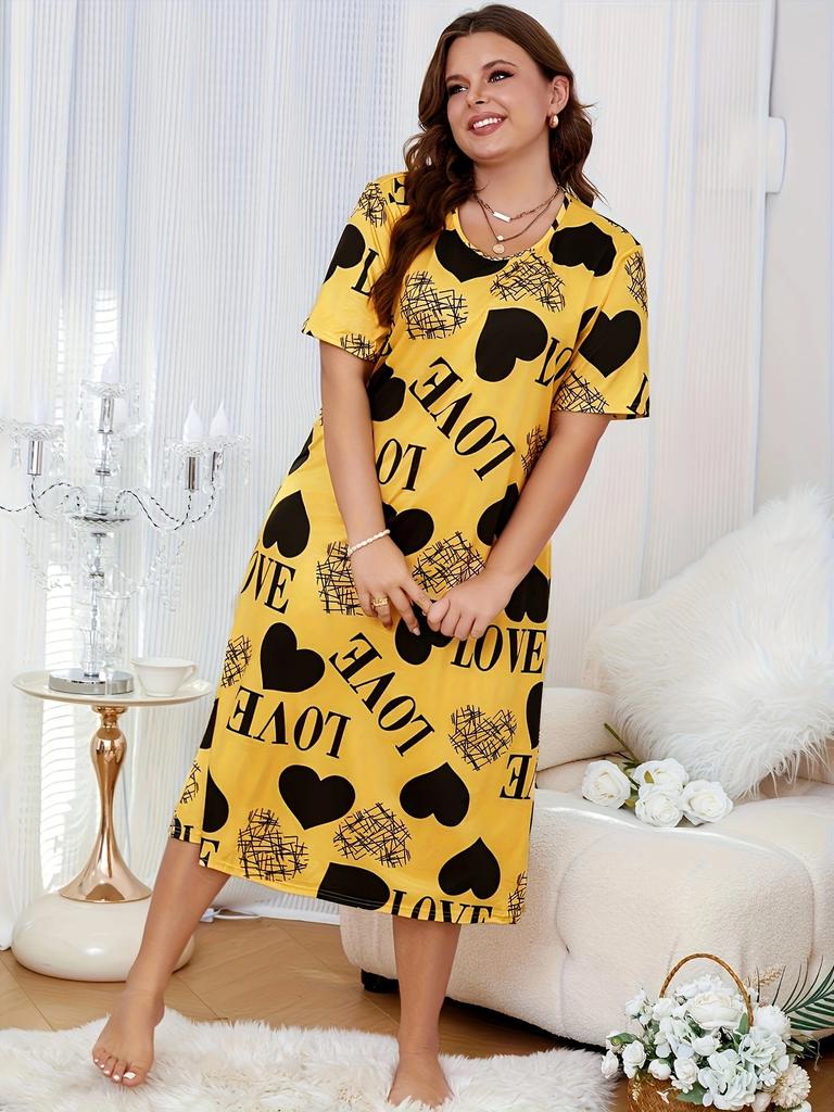 Large size nightdress yellow love print milk silk fresh and fresh home style fat MM loose short-sleeved nightdress
