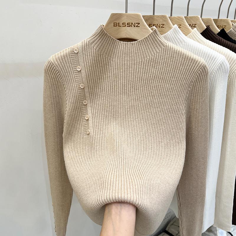 Ladies Autumn Winter Long Sleeve High Collar Slim Fit Basic Button Solid Color Pullover Knitted T Shirt Top for Layering