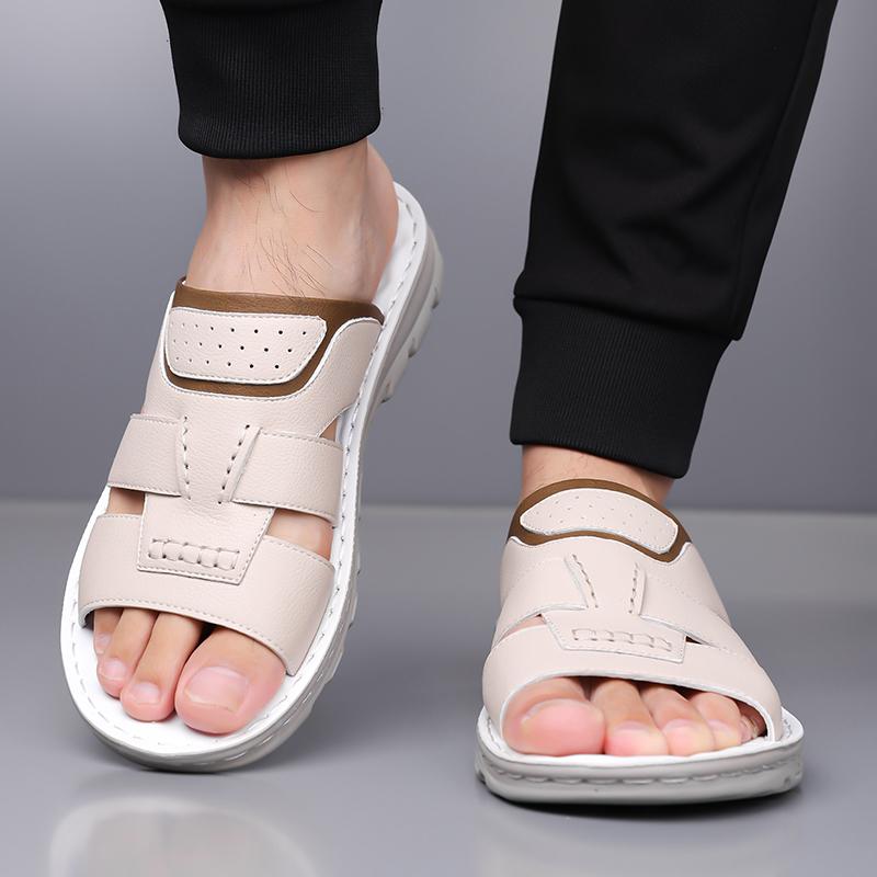Men Black Leather Slippers Flats Summer Brown Wide Head Sandals Outdoor White Beach Shoes for Father Over Sized 46 47 48