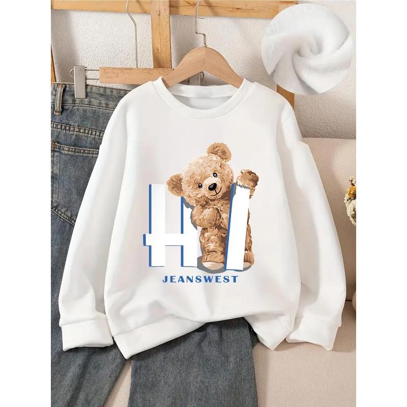 Kids Crewneck Long Sleeve Pullover Sweatshirt, Teddy Bear Holding Hi Sign Graphic Print 110