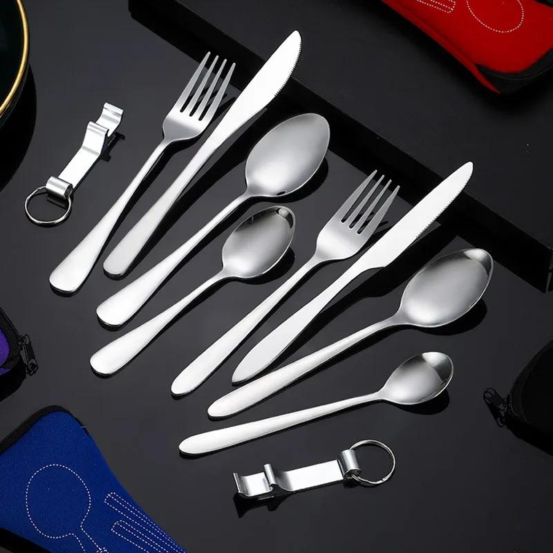 5 stk Beinpakke Utendørs Reise Bærbart Bestikk Kniv, Gaffel, Skje Sett, Rustfritt Stål Kniv, Gaffel Sett Hot Selling