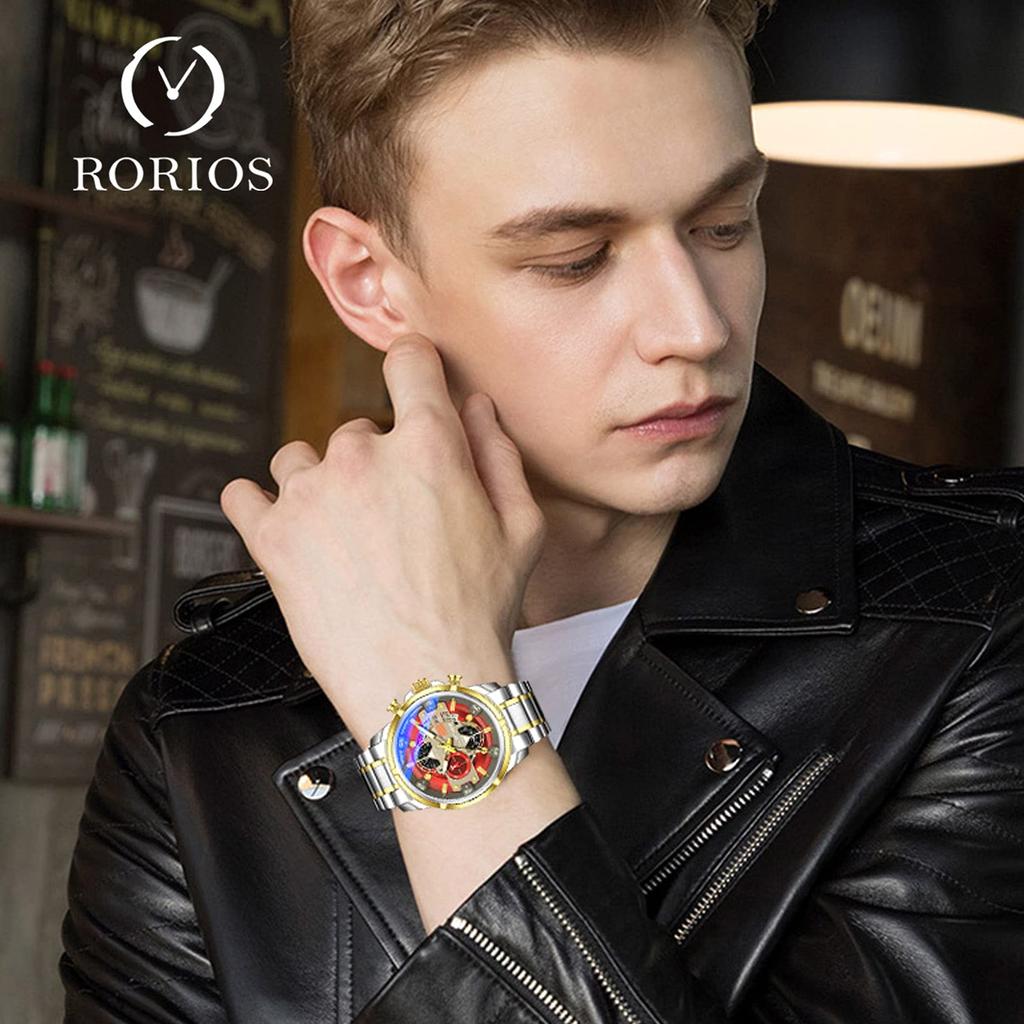 RORIOS Date Business Edelstahl Business Trip Silber Herrenuhr, Analog, Display, Leuchtend, Wasserdicht, Multifunktional, Mehrzeiger Analog,