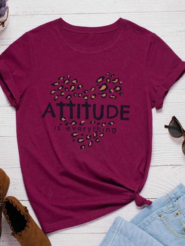Attitude Is Everything Leopard Heart Print Women T Shirt Short Sleeve O Neck Loose Tshirt Ladies Tee Shirt Tops Camisetas Mujer