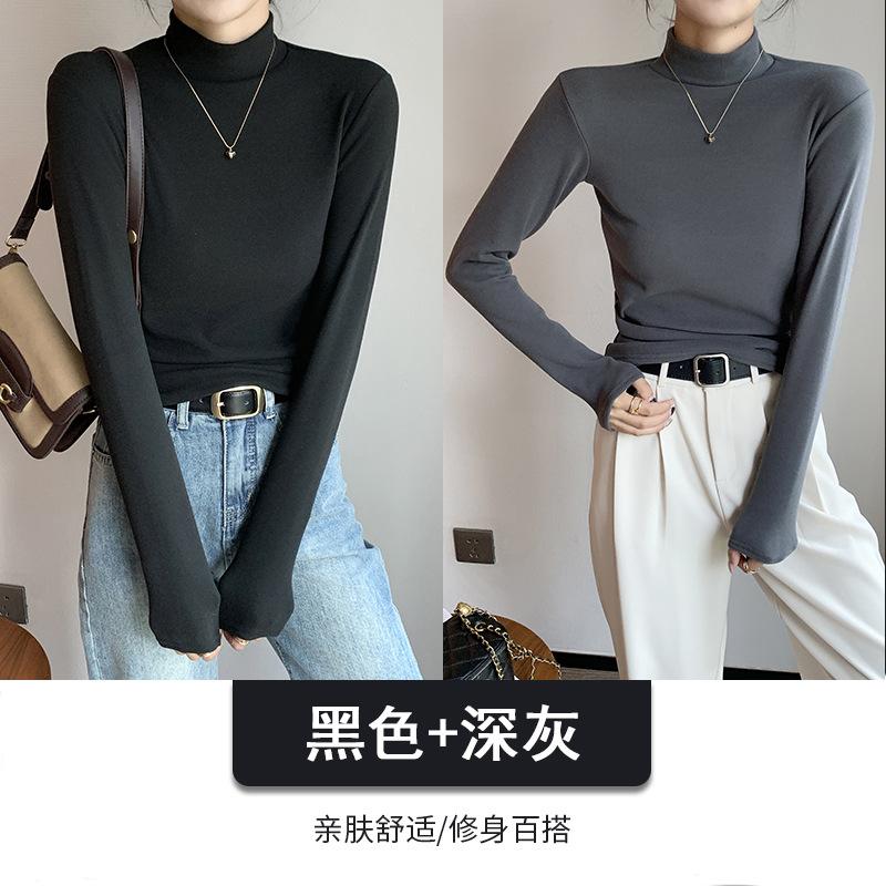 Combination Semi-turtleneck Double-sided German Velvet Bottoming Shirt for Women's Autumn and Winter with Solid-color Warm Long-sleeved Top