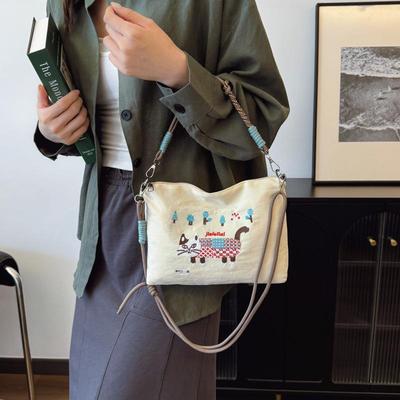 Sac fourre-tout pour femme Style Ins paresseux Broderie japonaise Polyvalent Grande capacité Durable Sac à bandoulière Sac de messager pour les trajets