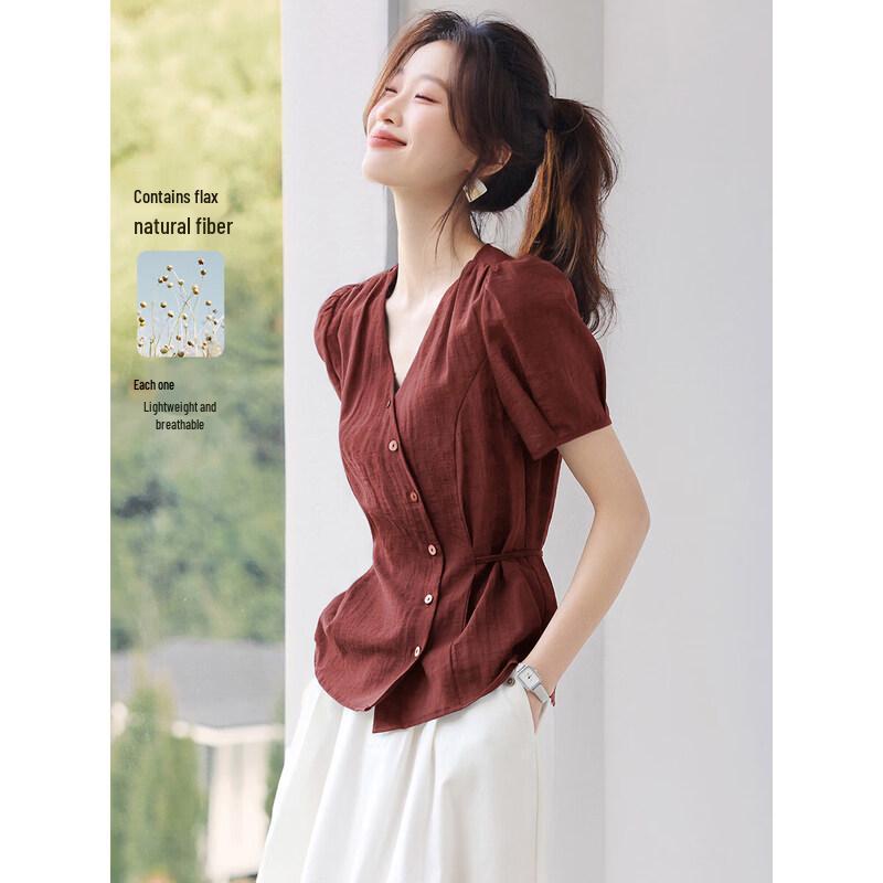 Women s French Retro V-Neck Puff Sleeve Blouse L