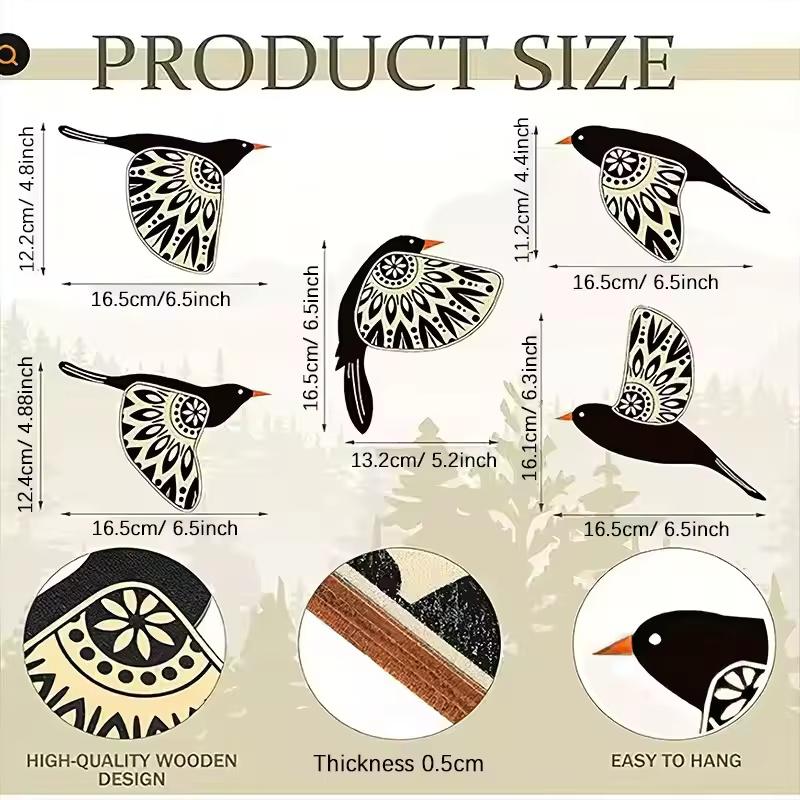 5Pcs Wooden Black Bird Wall Decor Art Vintage Gothic Home Decor For Living Room Bathroom Kitchen Decorations Indoor Outdoor Gift