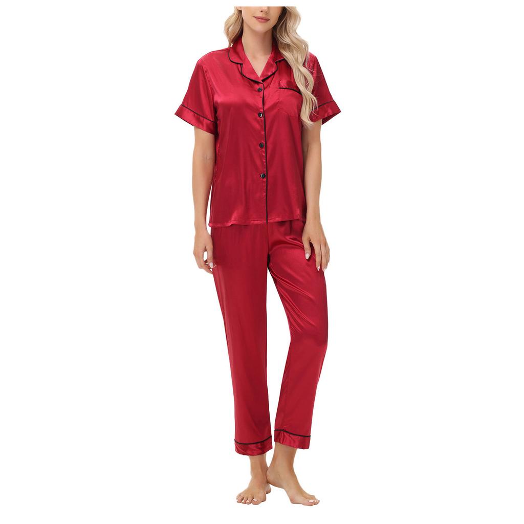 Amazon Independent Station Eisseiden-Pyjama Satin-Set Kurzarm Lange Hose Übergröße Damen Loungewear
