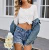 Women's Summer 2025 Fashionable Pleated Mid-Sleeve Top with Low Round Neck.