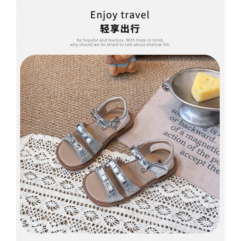 Girls Open Toe Cutout Sandals With Strap Soft Sole Princess Style Beach Shoes Kids 7-16 Years