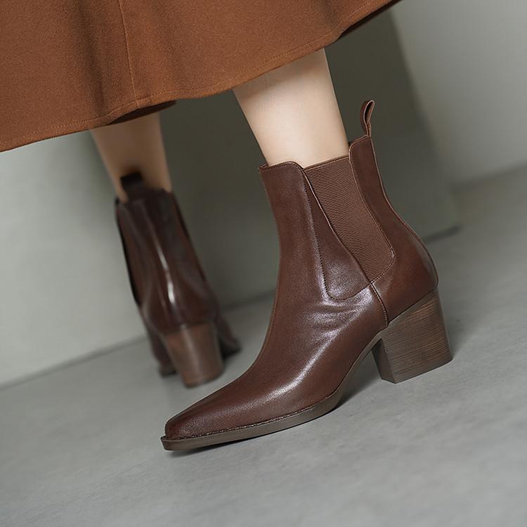 French pointed retro thick heel short boots women's 2025 autumn and winter cowhide high heel Chelsea boots versatile and thin Martin boots