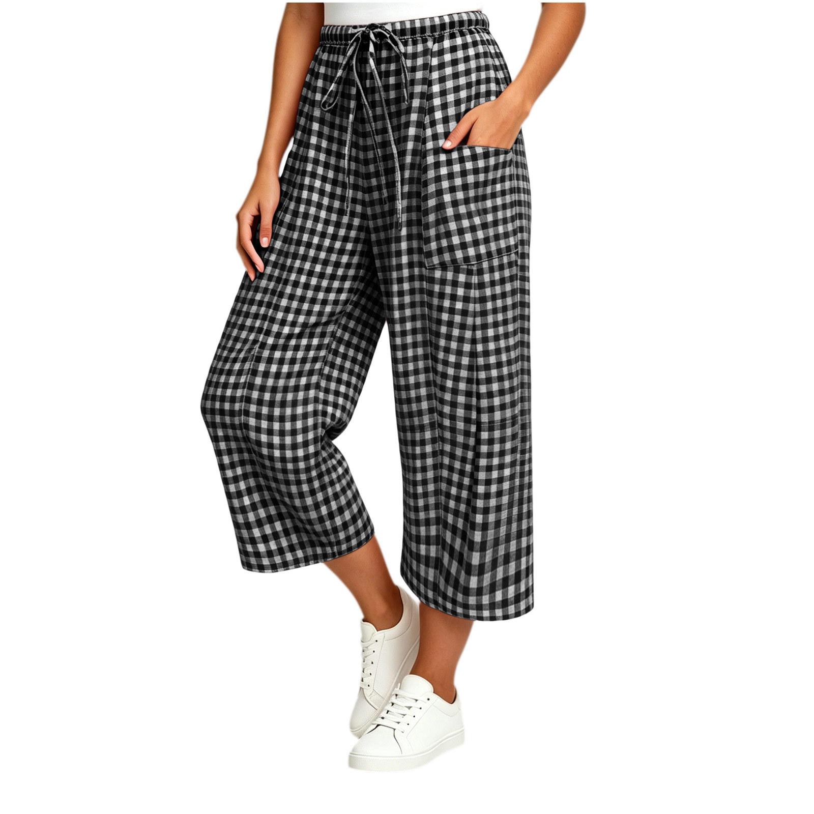 Women s Fashion Plaid Wide Leg Pants with Pockets Drawstring Casual Trousers L