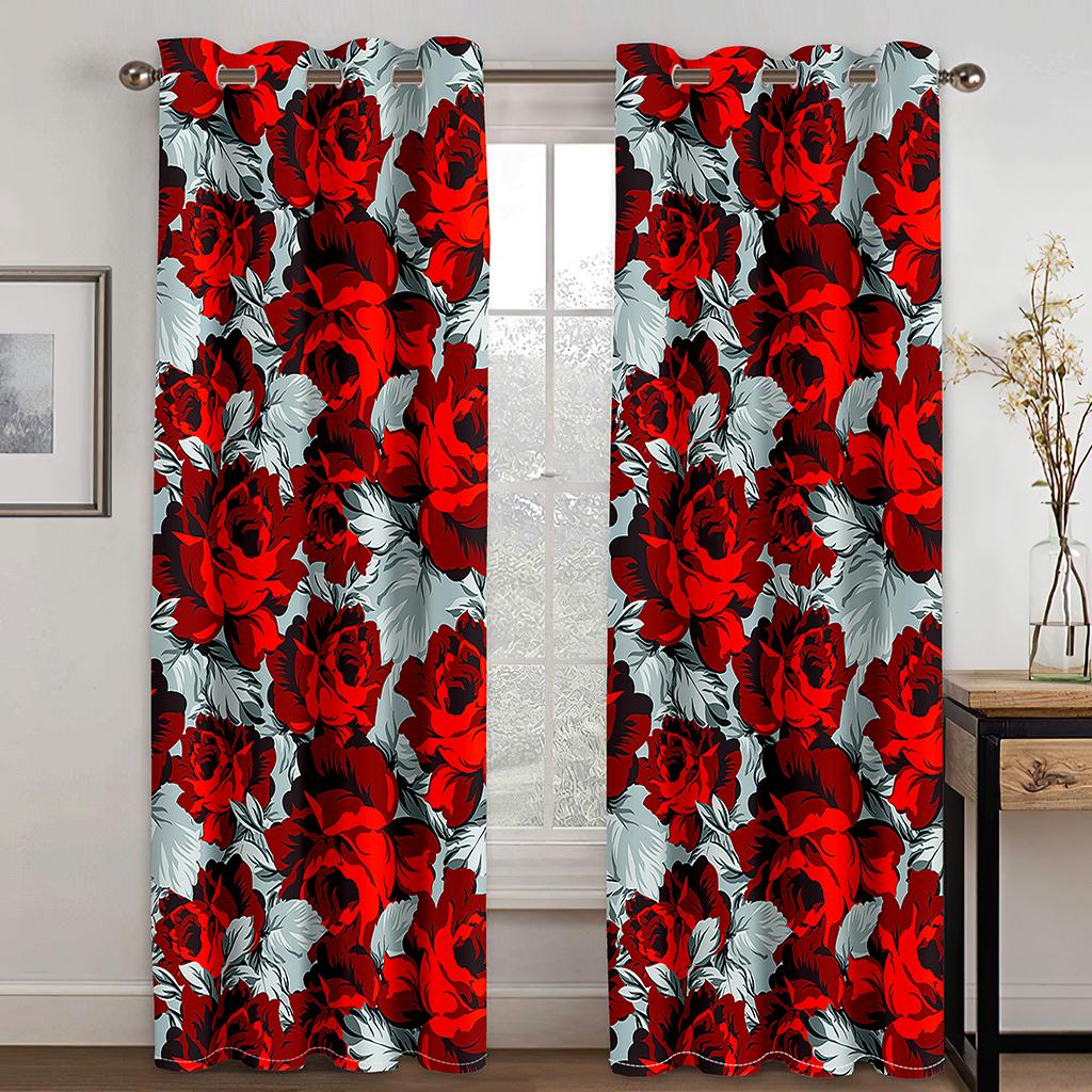 Luxury Red Rose Flower Sunshade Vintage Window Curtains For Living Room Bedroom Bathroom Kicthen Door Home Decor On Sale 2Pieces