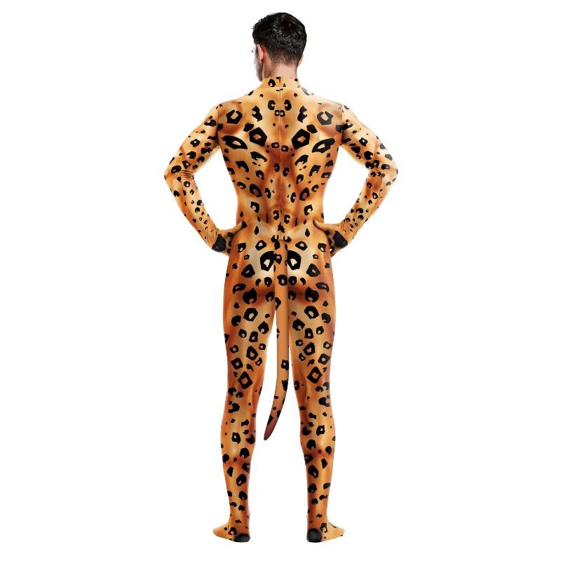 Iootiany Sexy Animal Leopard Print Tight Adult Bodysuit Couple Role Play Leopard Suit With Tail Muscle Tight Fitness Clothes