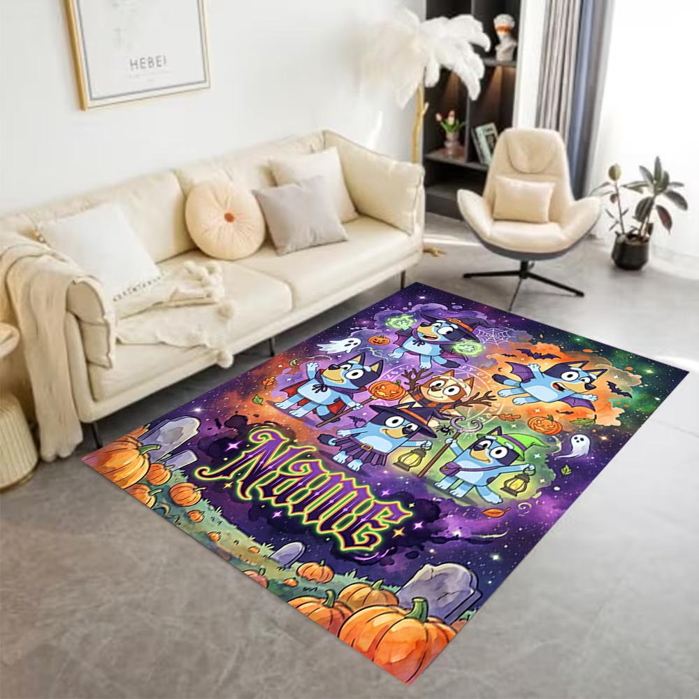 Bluey Halloween Party Customize Your Name Area Rug Design for Kitchen Foyer Outdoor Living Rooms Antislip Carpet Anime Office Decor Best for Christmas