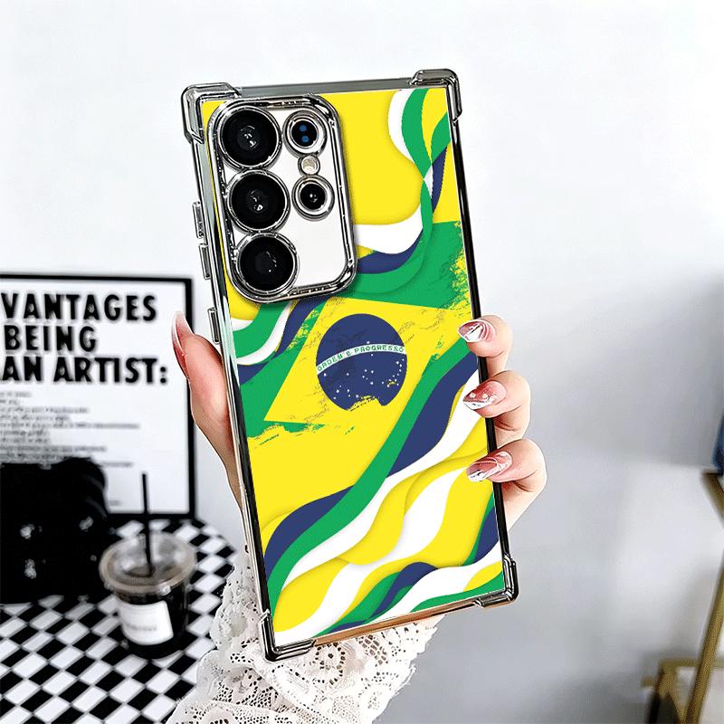 Brazil Brazilian Flag Plating Phone Case For Samsung Galaxy S24 S25 FE S26 Edge S23 Ultra S22 S21 Plus S20 Anti-Fall Airabag Cov