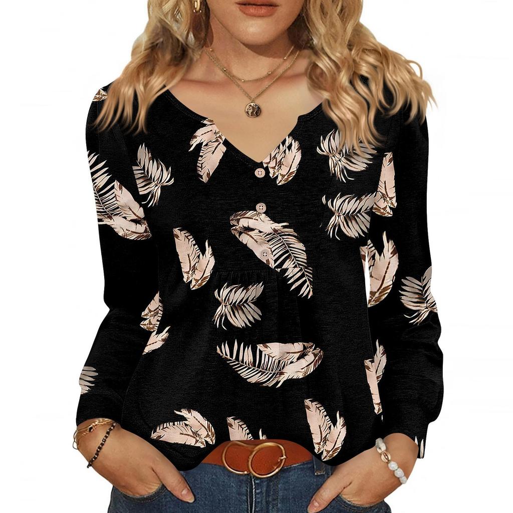 Women's Fashionable Casual V-neck Blouse Button Long-sleeved Pullover T-shirt Top