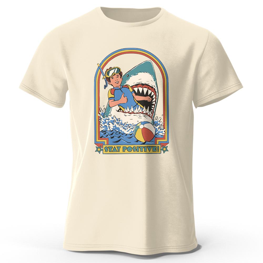 2025 Summer Men's Keep Front Shark Print Cotton Classic Vintage Crew Neck T-Shirt Casual Sports Loose Large Size Short Sleeve