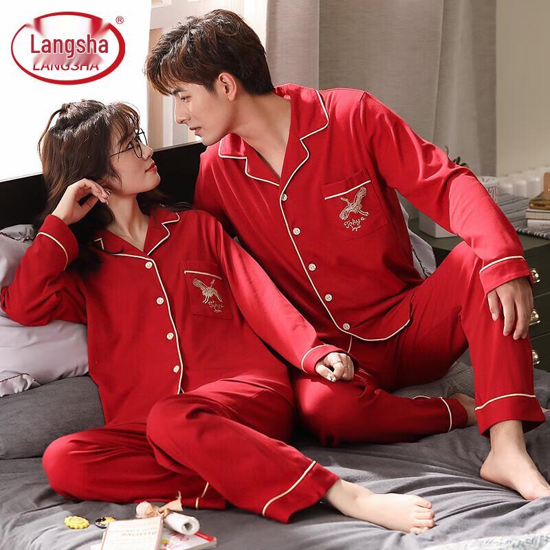 Langsheng Red Pure Cotton Couple Pajama Set L