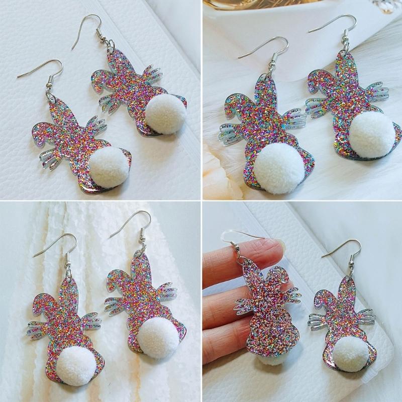 Acrylic Rabbit Plush Ball Drop Earrings Colorful Sequins Charm Earrings Jewelry