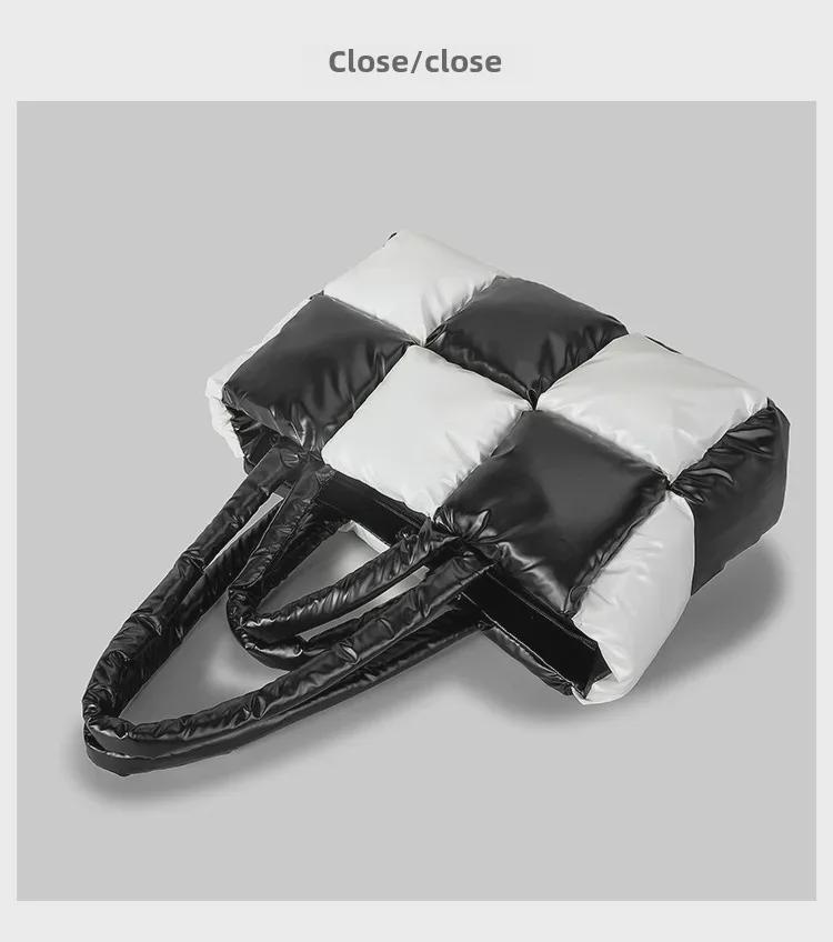 Women's Lightweight Black and White Checkered Tote – Soft, Down-Filled Shoulder Bag