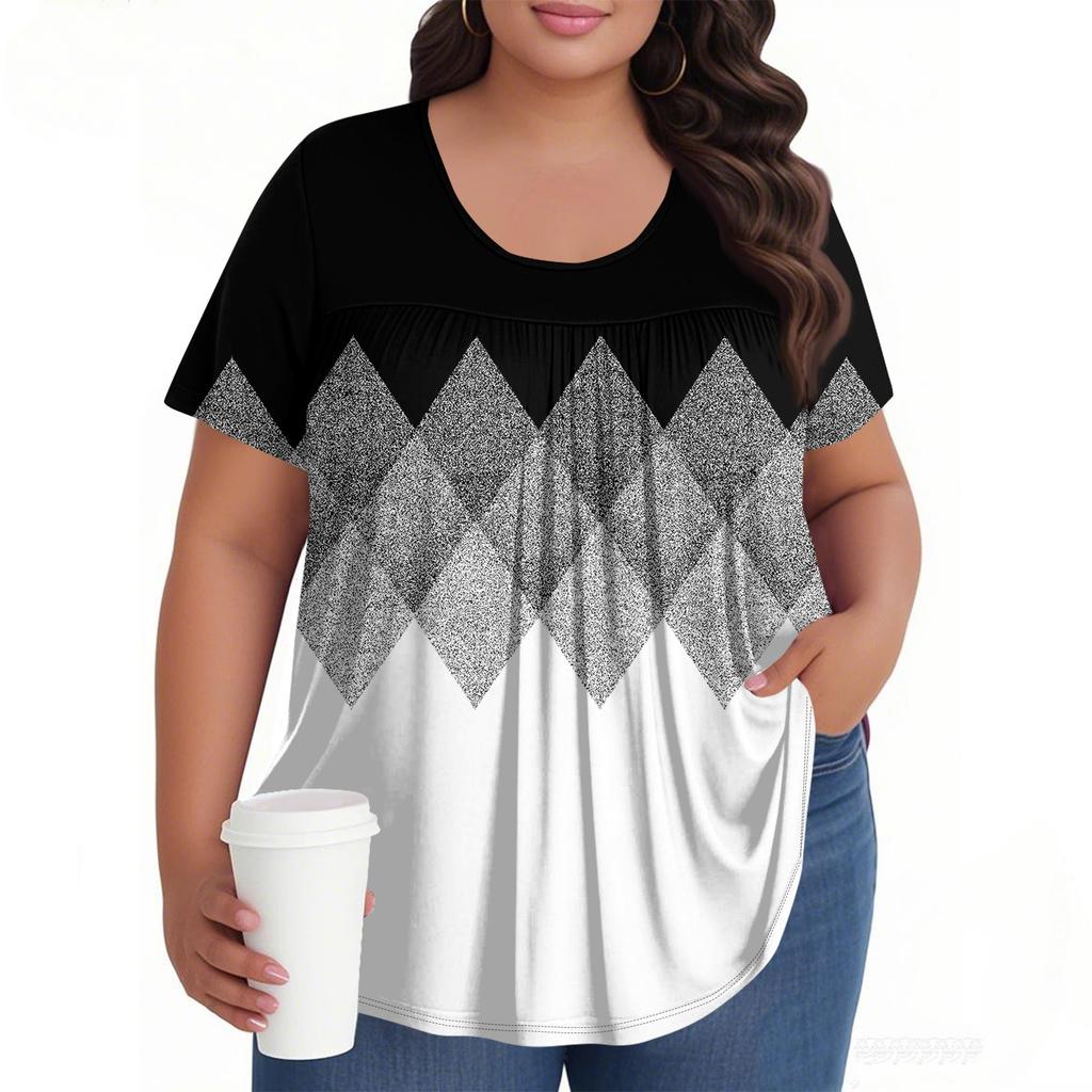 Women's Fashion Plus-size Casual Short-sleeved Geometric Striped Polka Dot Printed Round Neck Front Pleat Top