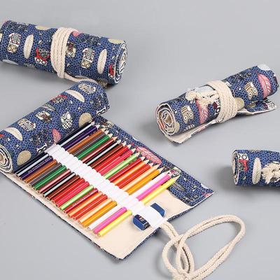 Large Capacity Handmade Canvas Pencil Roll Case for Boys & Girls - Art Print Design