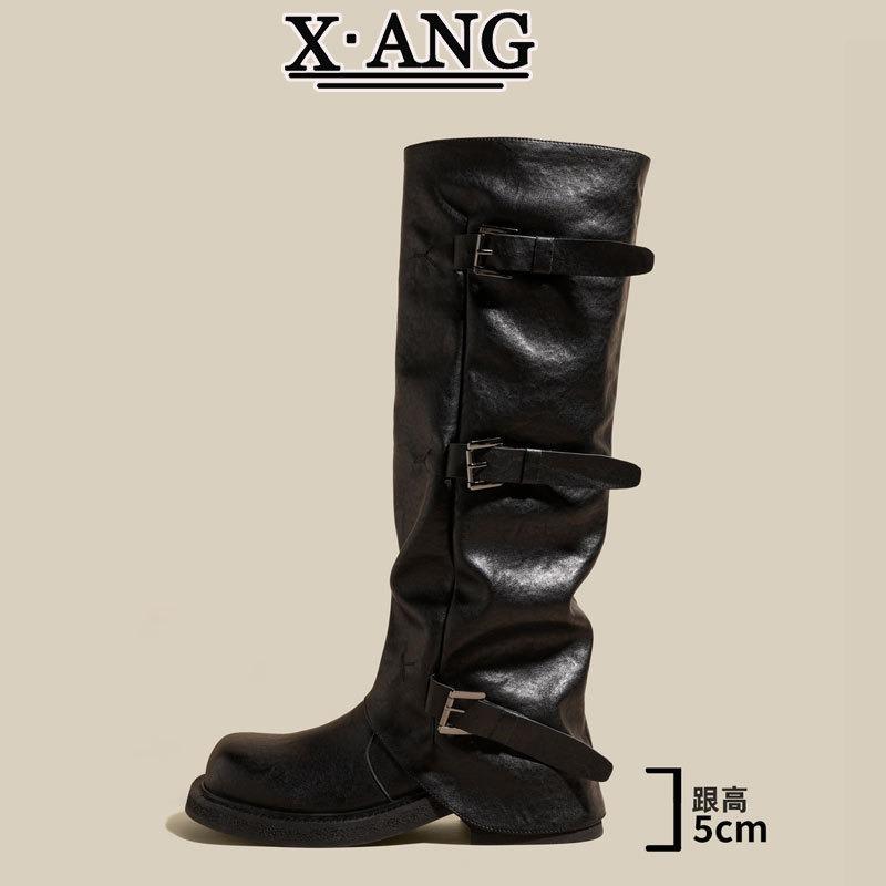 Leather Coarse Heel Knight Boots Women's Belt Buckle Pleated Pile Boots Autumn New Western Cowboy Boots Medium Boots