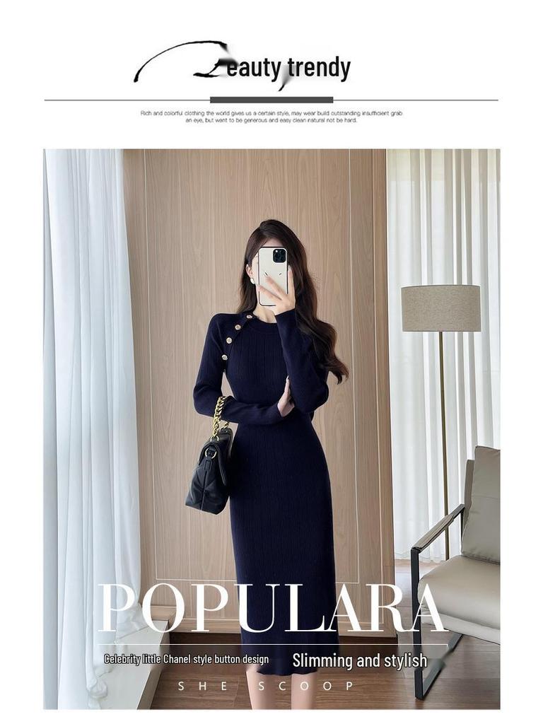 Women's Royal Blue Long-Sleeve Bodycon Wool Knit Dress for Autumn/Winter