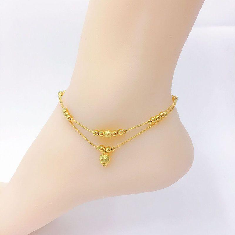 

Аутлеты 999 Проба Чистого Золота 18K Золотой Сплав Браслет на Ногу с Подвесками в Виде Счастливых Бусин Женский K-стиль Стильное Украшение Не Тускнеет Peach heart double-line transfer bead anklet