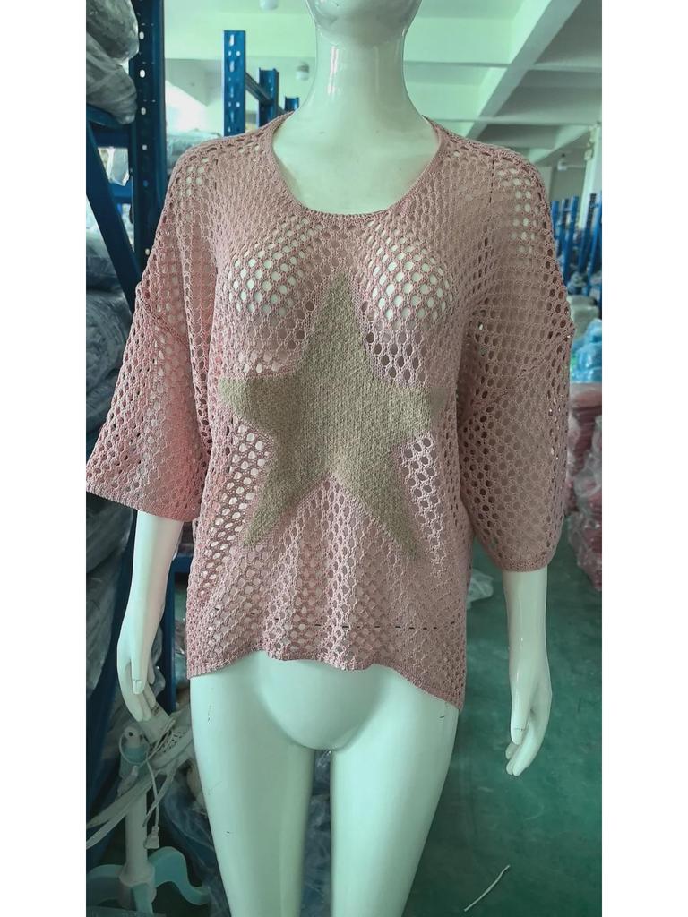 Elegant European & American Style Five-Star Round Neck Sweater with Three-Quarter Sleeves for Women