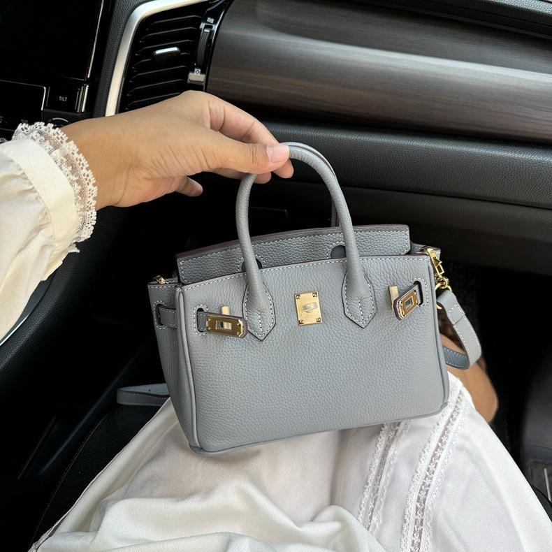 European and American Foreign Trade Models, First-layer Cowhide Lychee Pattern Platinum Bag, Genuine Leather Women's Bag Shoulder Crossbody Mini Bag