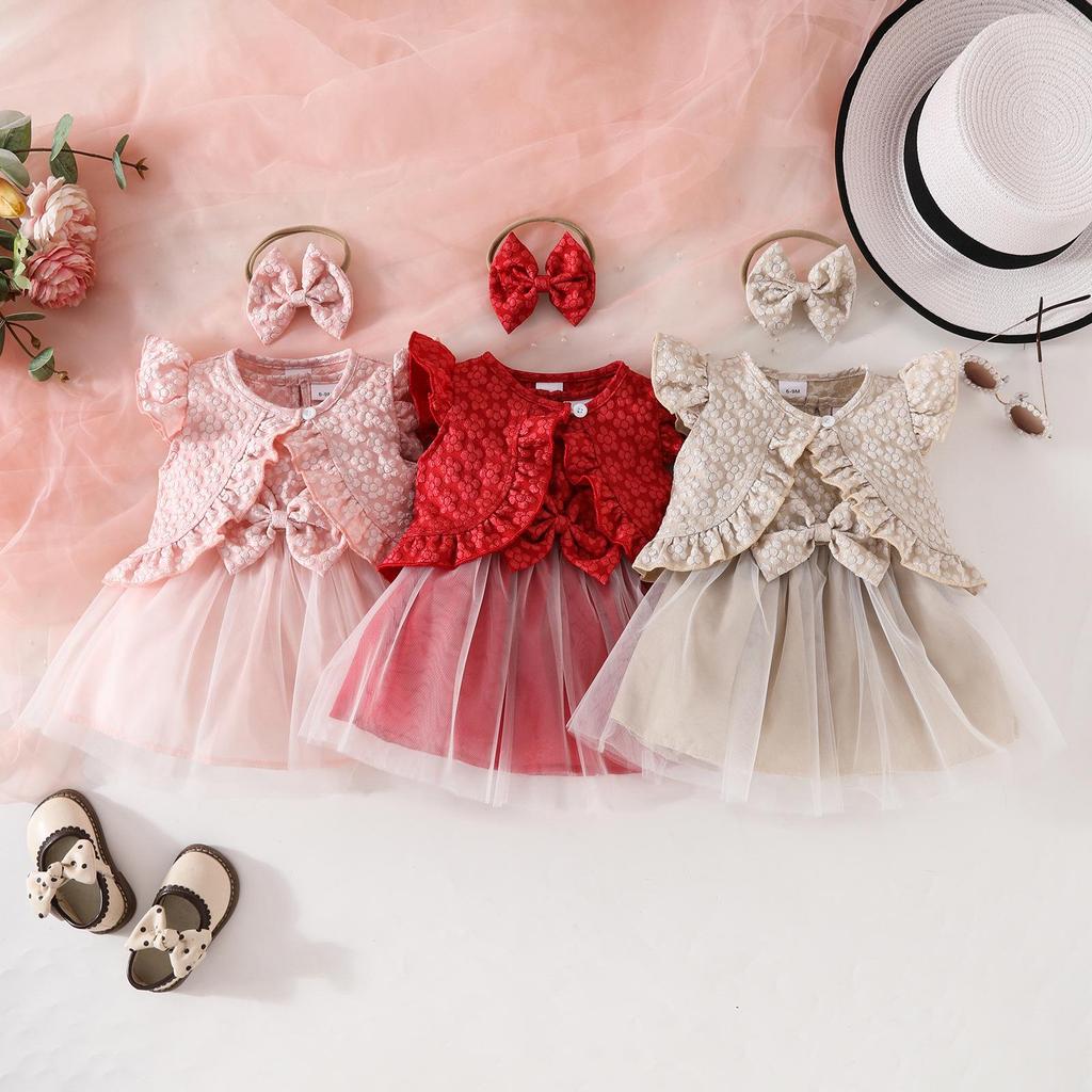 Baby Girl Summer Sleeveless Ruffled Jacket & Bow Mesh Dress with Headband Set