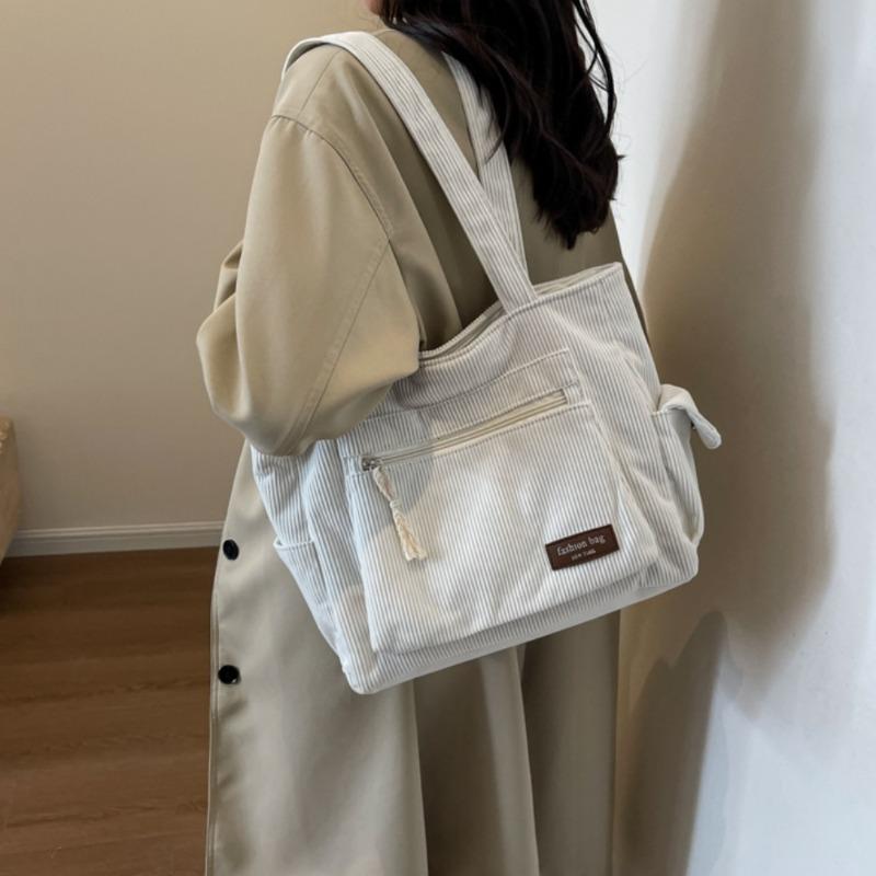 Simple Corduroy Tote Bag, Solid Color Shoulder Bag, Retro Multi Pockets Handbag for School Work Shopping Tote Bags for Women