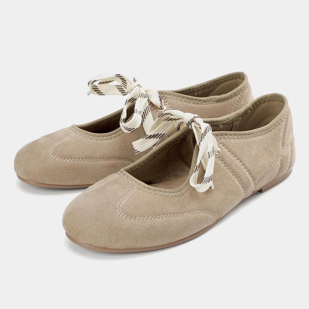 Women Fashion Round Toe Ballet Flats Lace Up Faux Suede Shallow Concise Soft Sole Mary Jane Shoes