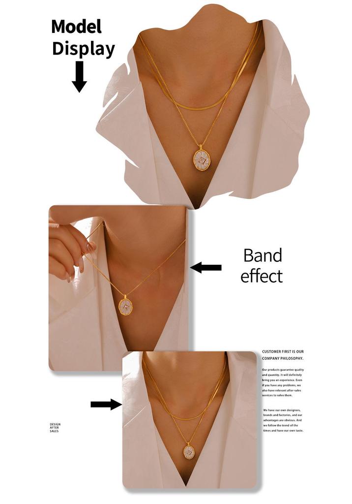 Brand French Retro Mother-of-Pearl Zircon Inlaid Copper Pendant with 18k Gold Plated Titanium Steel Chain
