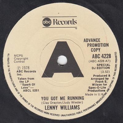 7inch Record LENNY WILLIAMS - You Got Me Running ABC4228PROMO ABC Records 1978 UK Soul/Funk Used