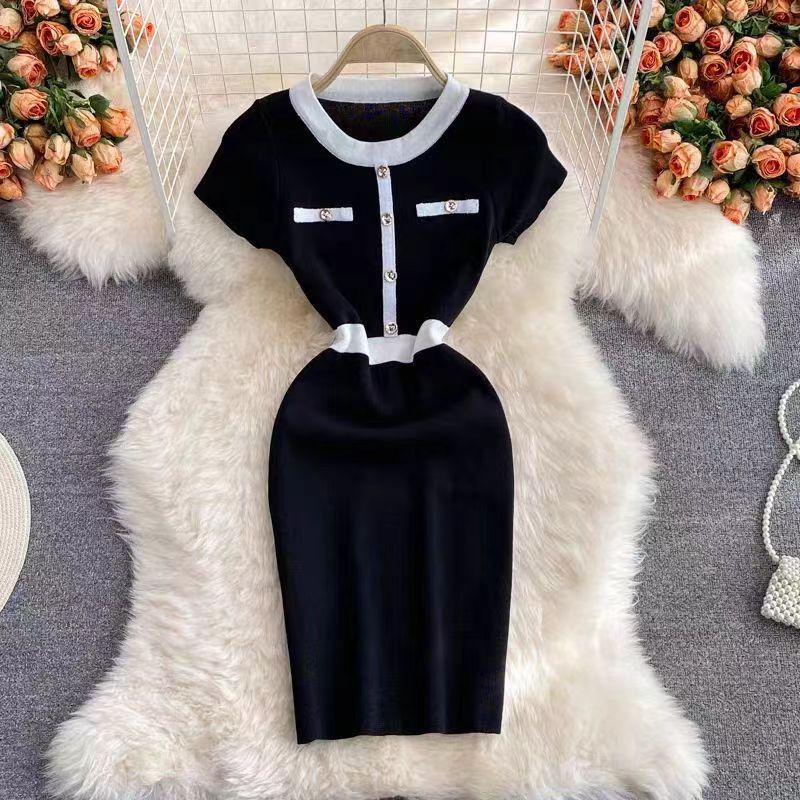 Korean Style Women's Round Neck Short Sleeve Knit Dress with Nail Button Color Blocking, Summer 2026 Bodycon Dress 6093.