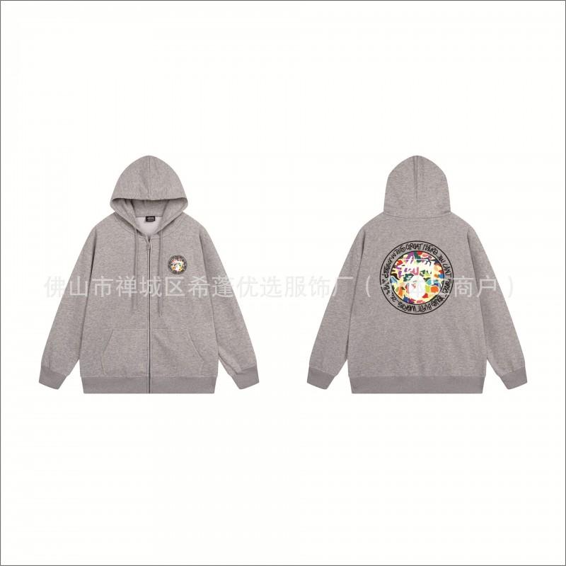 Stu Unisex Hooded Zip-Up Sweatshirt With Letter Print Fleece-Lined Oversized Fit Winter Casual Wear